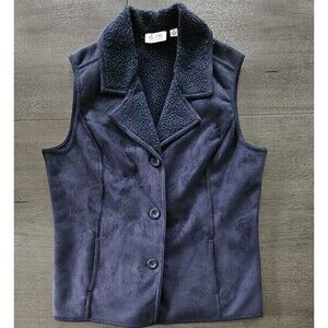 Denim & Co Womens Faux Suede Sherpa Lined Button Vest Size Med Blue Pockets